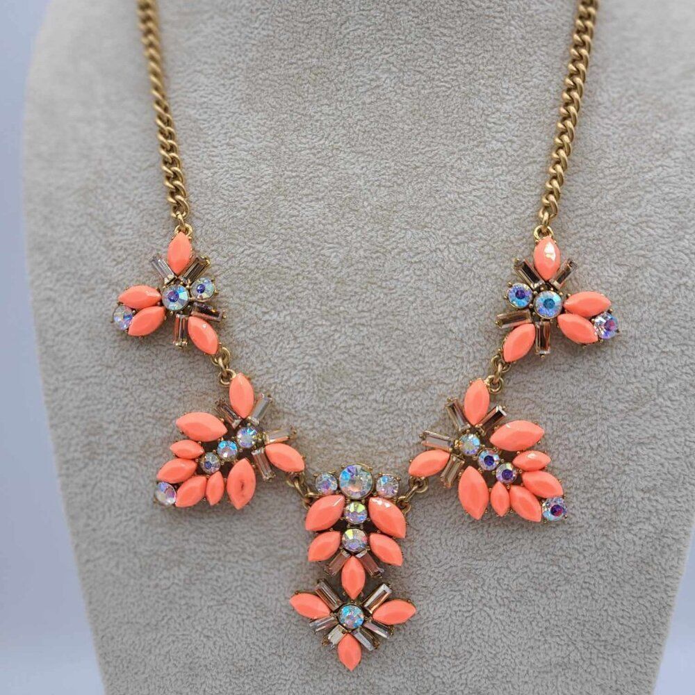 J Crew Orange Resin and Clear Crystal Statement Necklace NWT! NEW!